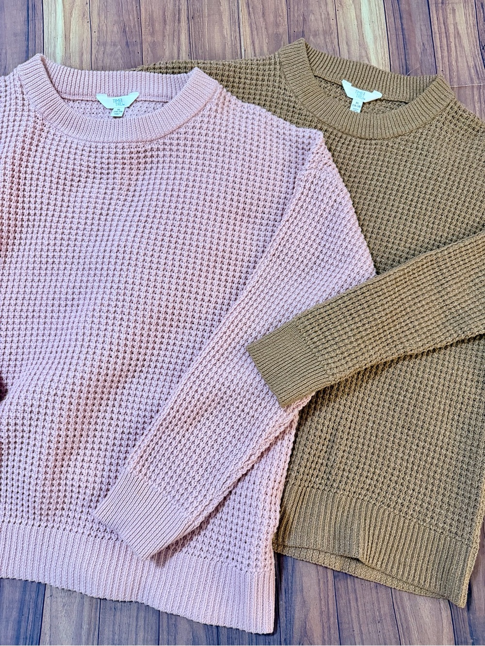 Set of TWO Time and Tru Pink and Brown Waffle Knit Crew Neck Sweaters